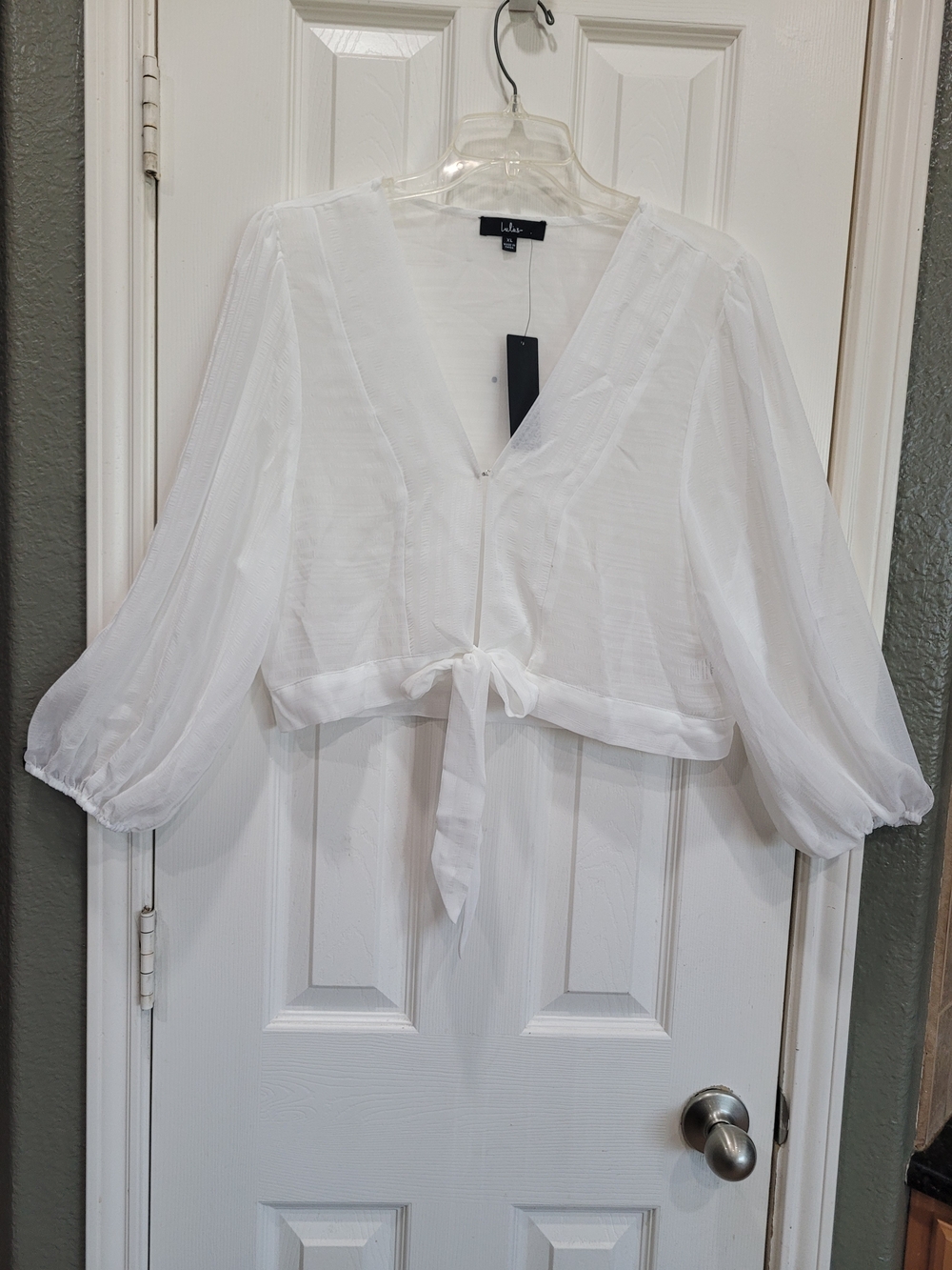 Lulus In the Breeze White Sheer Tie Front Top XL NWT Balloon Sleeve Boho Blouse - Picture 6 of 10